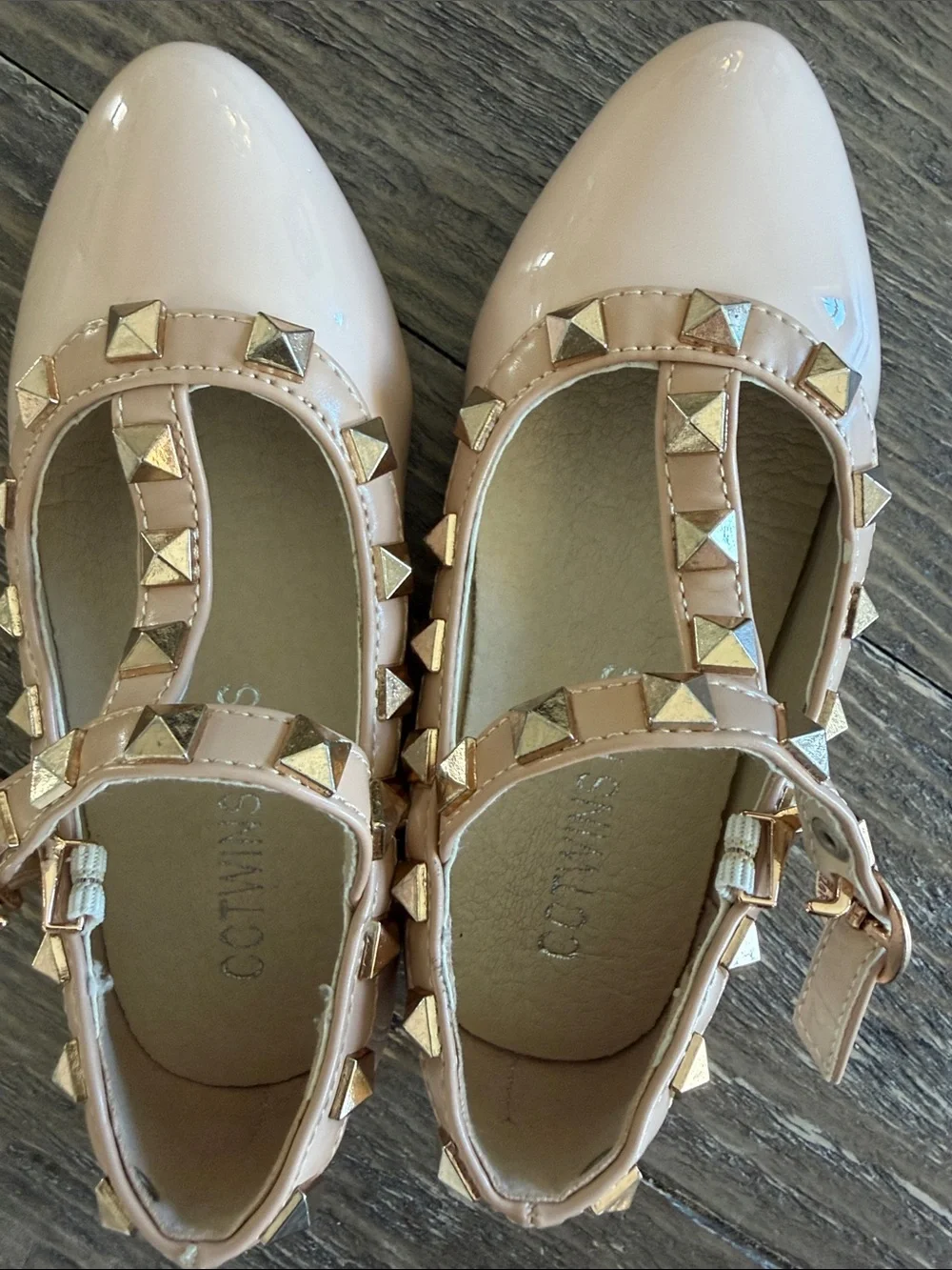 Girls' Patent Pink Studded T-Strap Dress Shoes